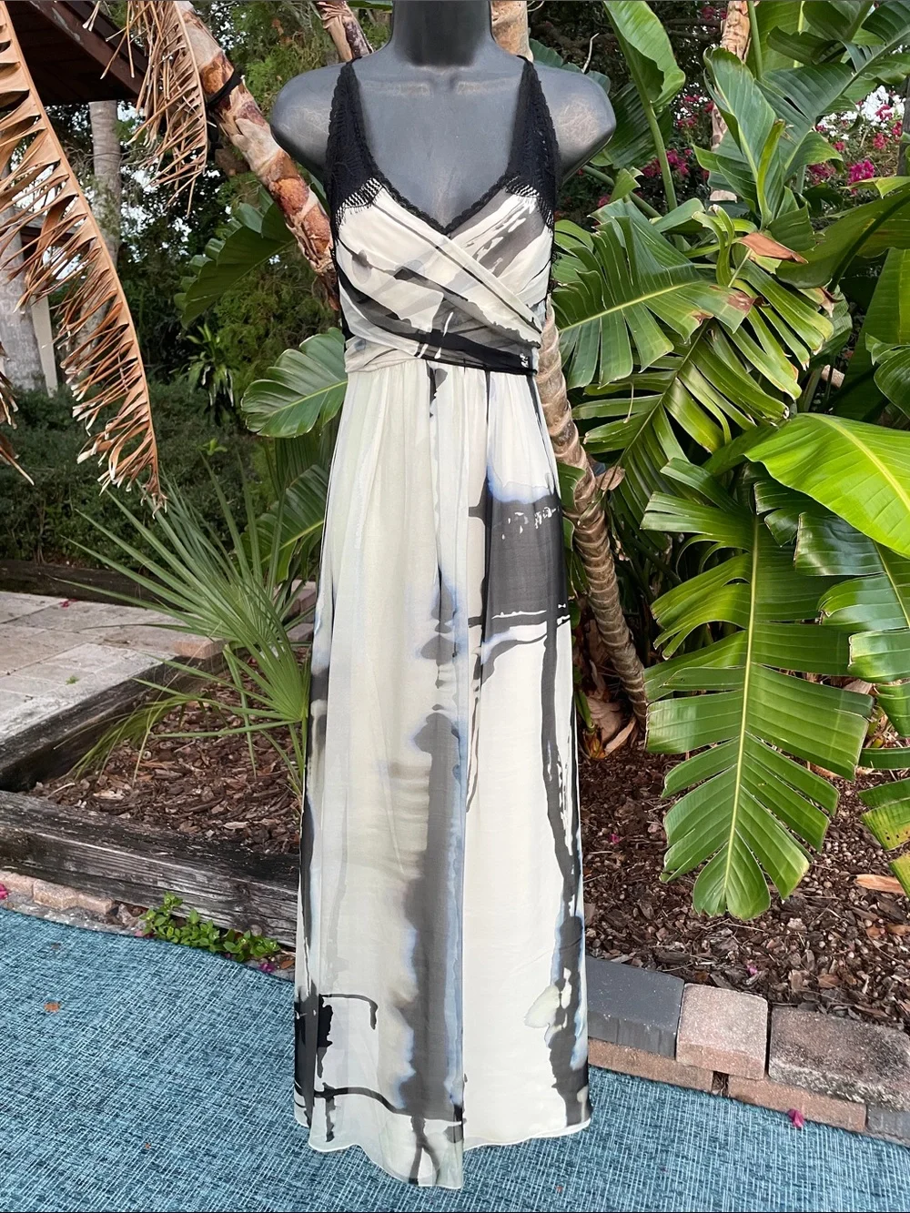 Lace  trim, silk abstract, tie-dye Nicole Miller atelier gown